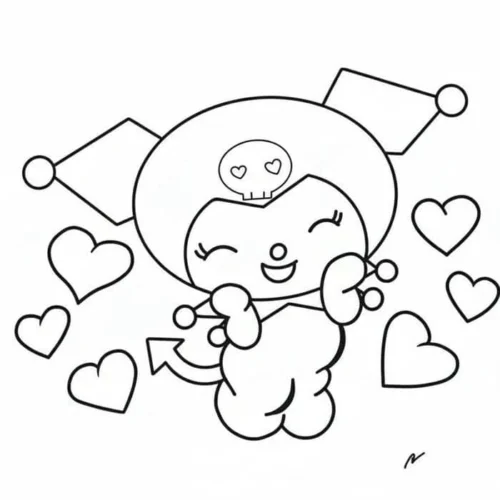 Hình tô màu kuromi cười híp mắt giữa trái tim