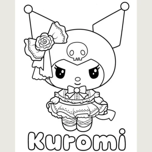 Mẫu tô màu kuromi cài hoa hồng dưới chữ Kuromi