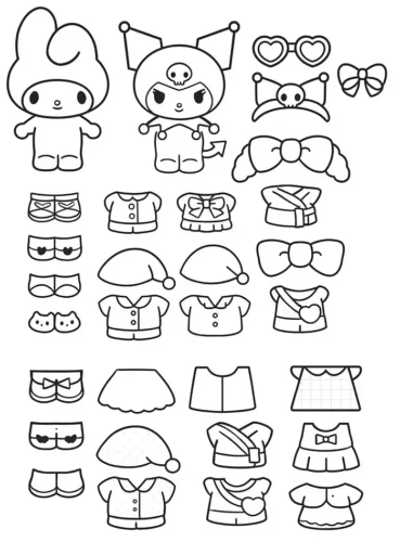 Mẫu tô màu trang thay đồ búp bê giấy Kuromi