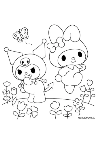 Hình tô màu kuromi và My Melody giữa hoa
