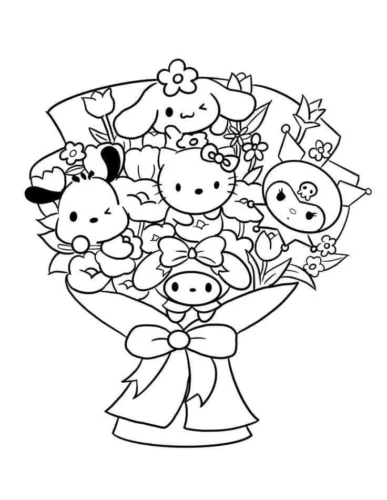 Hình tô màu bó hoa các bạn Sanrio