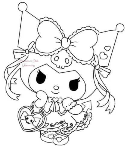 Tranh tô màu kuromi thắt nơ ren cầm túi