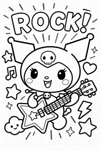Hình tô màu kuromi chơi guitar dưới chữ Rock