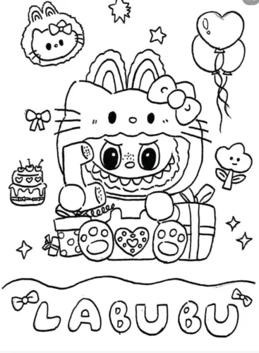 Labubu đội mũ Hello Kitty bên bánh và quà