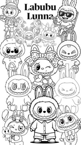 Nhiều Labubu dưới chữ Labubu Lunna