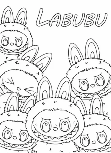 Mẫu tô màu nhiều Labubu dưới chữ Labubu
