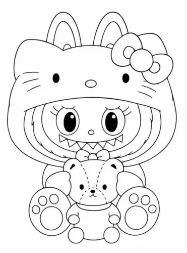 Hình tô màu labubu mặc đồ Hello Kitty ôm gấu bông