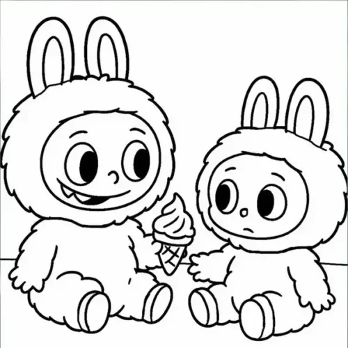 Mẫu tô màu hai Labubu ăn kem
