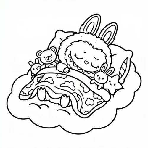 Labubu ngủ trên mây ôm gấu bông