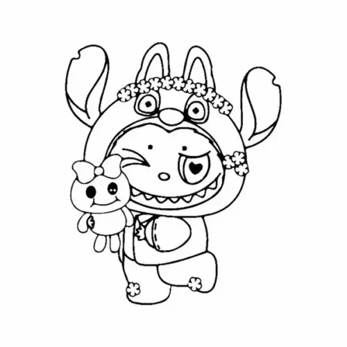 Labubu mặc đồ Stitch ôm búp bê