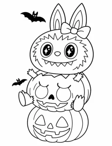Tranh tô màu labubu ngồi trên quả bí ngô Halloween