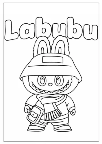 Tranh tô màu labubu đội mũ dưới chữ Labubu