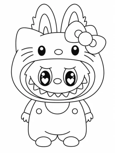 Tranh tô màu labubu đội mũ Hello Kitty