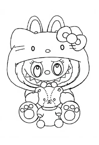 Mẫu tô màu labubu mặc đồ Hello Kitty ôm gấu