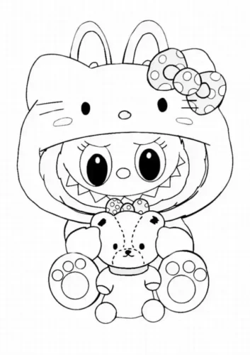 Tranh tô màu labubu mặc đồ Hello Kitty