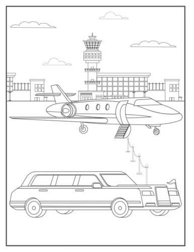 Hình tô màu máy bay đỗ trước sân bay và xe limousine