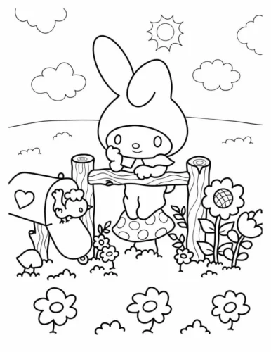 My Melody ngồi bên hàng rào giữa vườn hoa