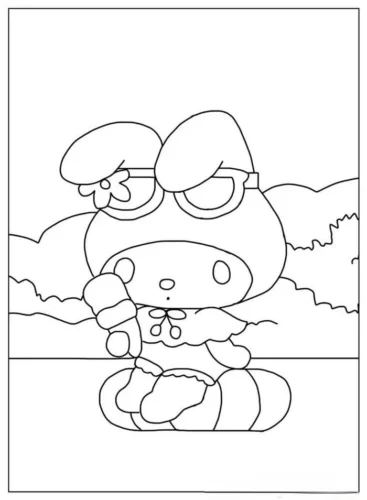 My Melody đeo kính bơi trên bãi cỏ