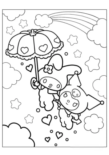 My Melody và Kuromi cầm ô dưới cầu vồng