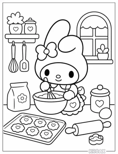 My Melody làm bánh trong bếp
