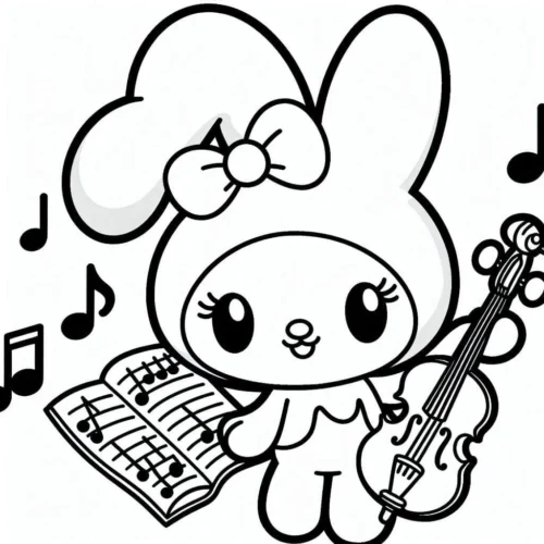 My Melody chơi vĩ cầm giữa nốt nhạc