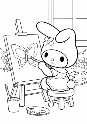 My Melody vẽ tranh bên giá vẽ