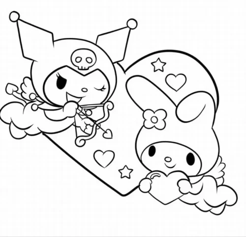 Mẫu tô màu my Melody và Kuromi trên trái tim