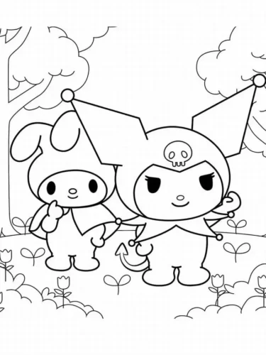 Tranh tô màu my Melody và Kuromi trong vườn