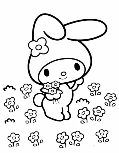 Hình tô màu my Melody cầm hoa giữa thảm hoa nhỏ