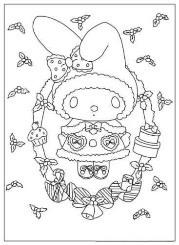Hình tô màu my Melody giữa vòng hoa Noel