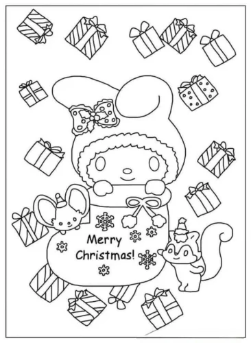 Mẫu tô màu my Melody giữa các hộp quà Giáng sinh