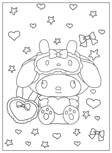 Tranh tô màu my Melody ngồi giữa sao và nơ