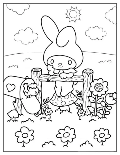 Mẫu tô màu my Melody ngồi bên hàng rào