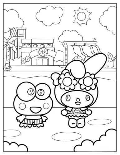 Tranh tô màu my Melody và Keroppi trước dãy nhà