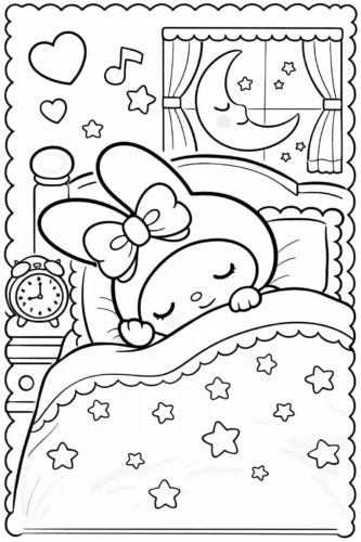 Hình tô màu my Melody ngủ trên giường dưới trăng