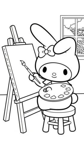 Mẫu tô màu my Melody vẽ tranh bên giá vẽ
