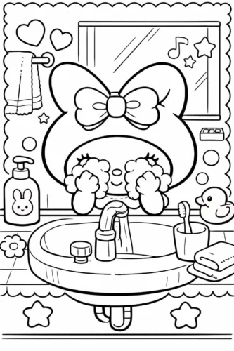 Tranh tô màu my Melody rửa mặt bên bồn rửa