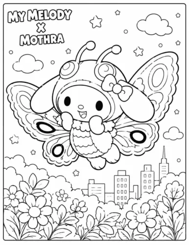 Mẫu tô màu my Melody hoá trang bướm giữa thành phố