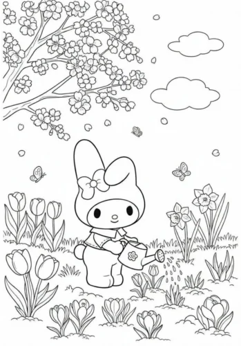 Mẫu tô màu my Melody giữa vườn hoa tulip