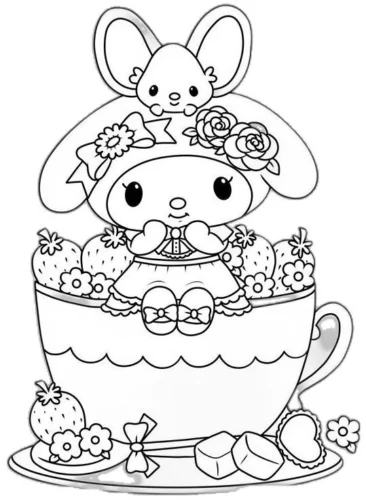 Tranh tô màu my Melody ngồi trong tách trà giữa dâu