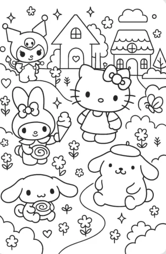 Hình tô màu các bạn Sanrio giữa ngôi làng