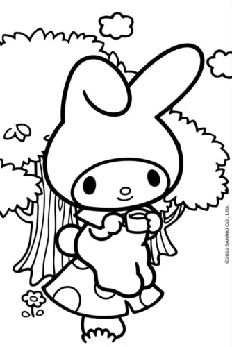 Mẫu tô màu my Melody đứng dưới gốc cây