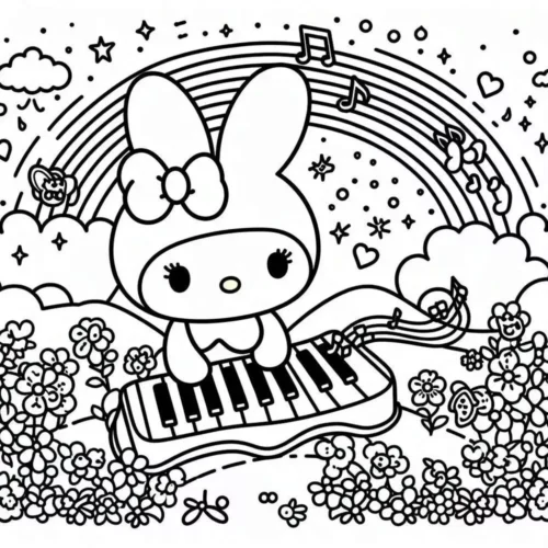 Tranh tô màu my Melody chơi đàn piano dưới cầu vồng