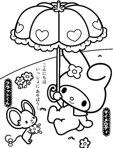 Mẫu tô màu my Melody bay cùng chiếc ô