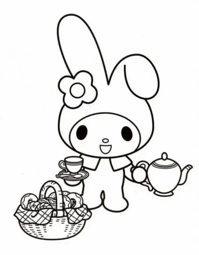 Mẫu tô màu my Melody bên giỏ picnic và ấm trà