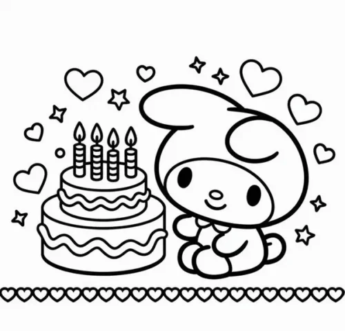 Tranh tô màu my Melody bên bánh sinh nhật