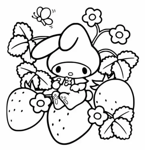 Tranh tô màu my Melody giữa những quả dâu lớn