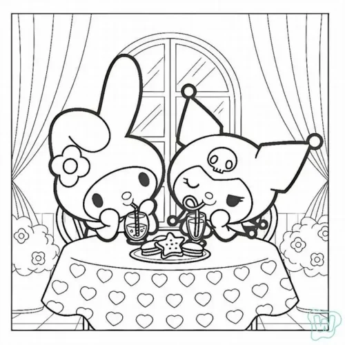 Hình tô màu my Melody và Kuromi uống trà bên cửa sổ