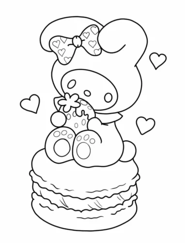 My Melody ngồi trên chiếc bánh macaron