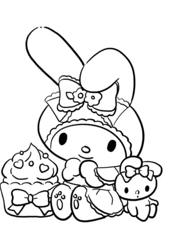 My Melody ngồi bên ly kem và Pompompurin